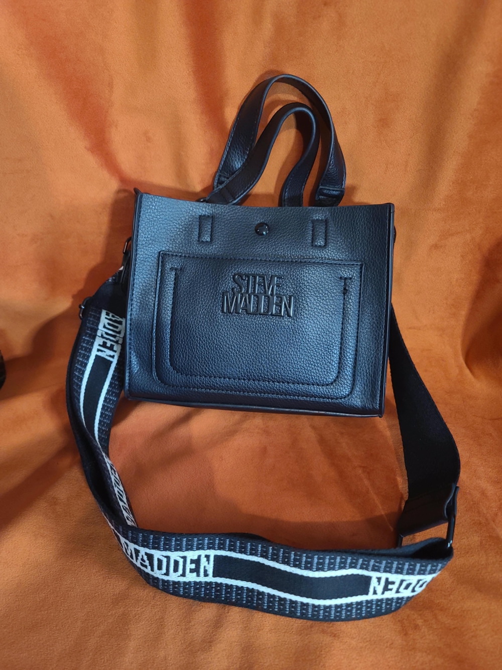 Steve Madden Black Pebbled Leather Tote Messenger with Branded Strap